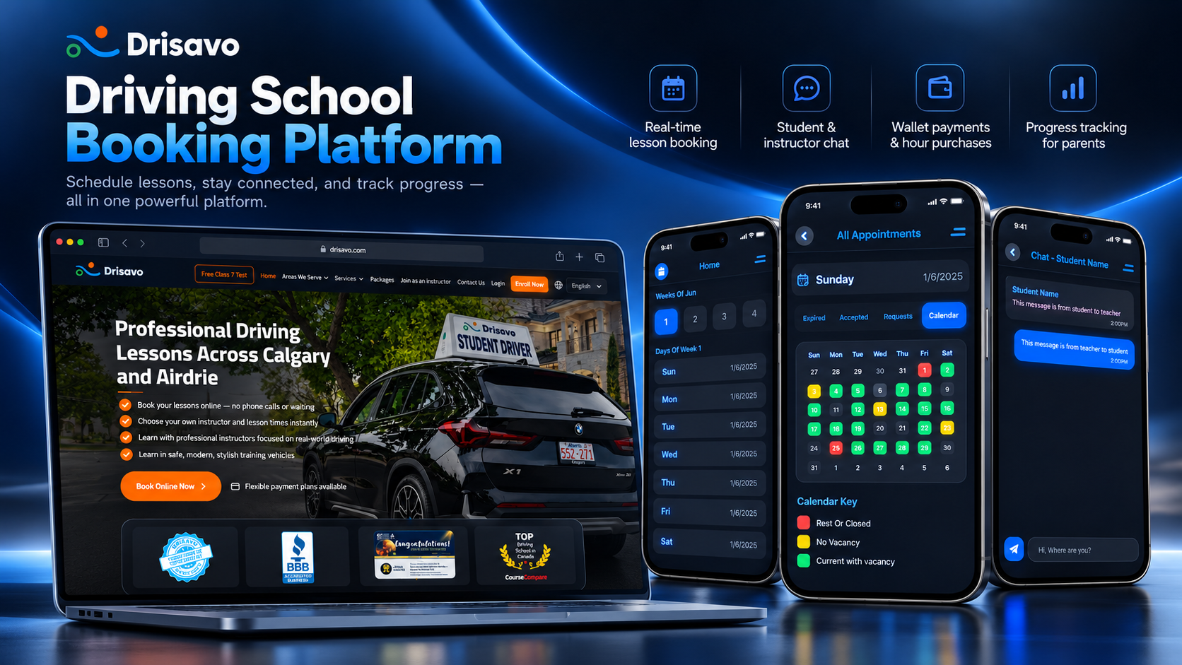 Drisavo driving school booking platform on desktop and mobile devices